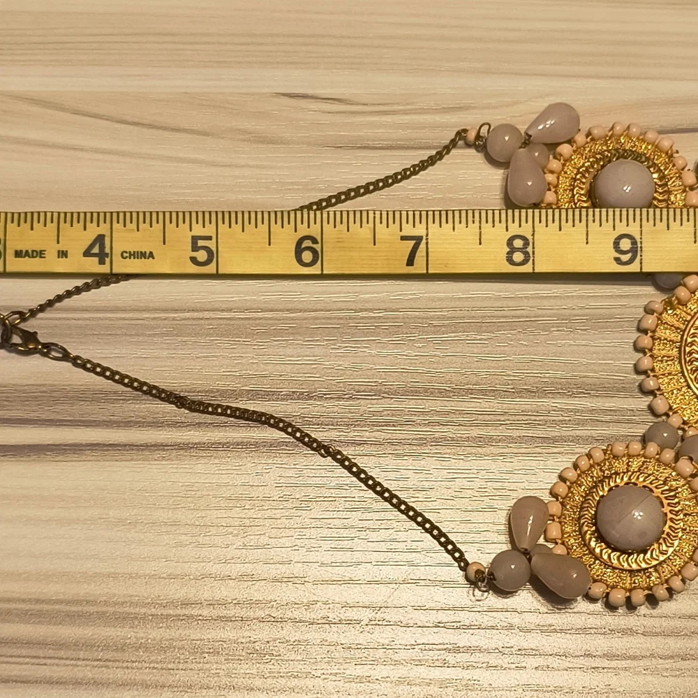 Vintage Floral Statement Bib Necklace Peach/Gold Neutral Bib Faux